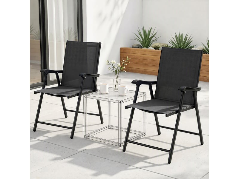 Ensemble de 2 chaises de jardin pliantes avec dossier haut et accoudoirs, acier, textline, 58 x 62 x 97 cm, noir - Conforama C