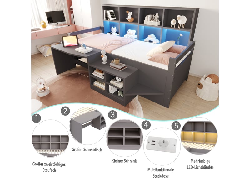  Lit enfant multifonctionnel 90x200 cm - lit simple avec rangement, bureau, étagères, led et prises - gris  - Conforama E