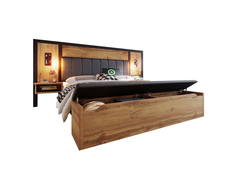  Lit double 160 × 200 cm avec chevets, liseuses usb-c et banc coffre, chêne IKSETERA TRADING LTD - Conforama A