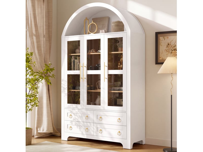 Buffet haut 3 portes vitrées, 4 tiroirs, niche ouverte en arc, rangement salon, mdf et panneau de particules blanc - Conforama E
