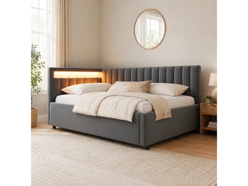  Lit banquette 90x200 cm avec rangement hydraulique et led, velours gris  - Conforama C