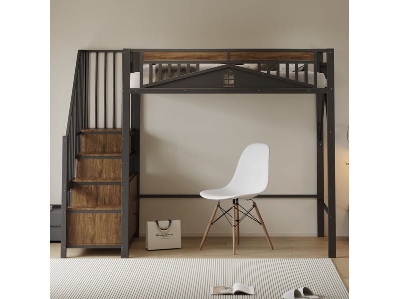  Lit mezzanine noir 90x200cm avec escalier rangement, bureau, sécurité renforcée, confort durable - fer et mdf - pour enfant ado  - Conforama C