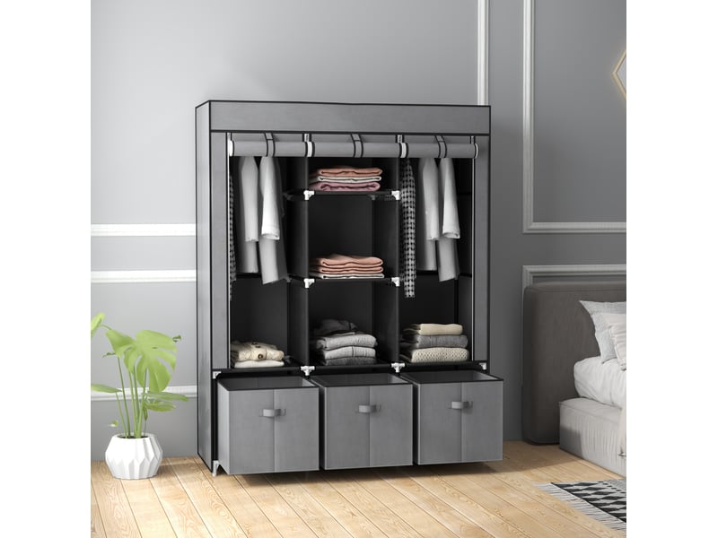  Armoire pliable avec 2 barres, 5 étagères et 3 tiroirs pour chambre, en acier et tissu, gris foncé 125 × 43 × 162,5 cm  - Conforama B