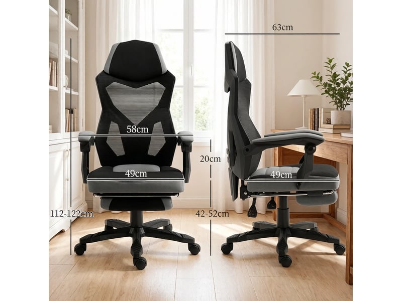  Chaise gaming de bureau haute avec repose-pieds rabattable, noir et gris  - Conforama C