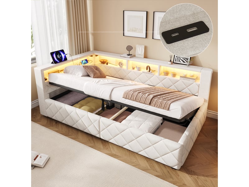  Lit coffre 90x200 cm avec rangement hydraulique, tête de lit avec étagère, éclairage LED réglable et port USB, lit rembourré en lin - Beige Fay Lum - Conforama E