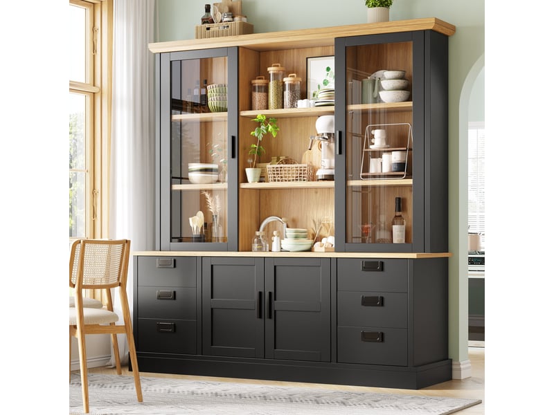 Buffet de cuisine avec 6 tiroirs et portes vitrées, anti-basculement, pour cuisine, salle à manger, 140 × 40 × 185 cm - Conforama D