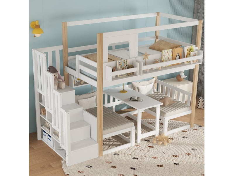  Modenvie lit mezzanine enfant 90x200 cm - table escamotable, escalier de rangement, sans matelas - blanc et naturel  - Conforama E