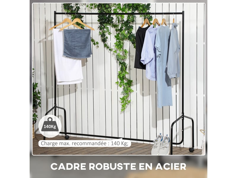  Portant à vêtements à roulettes tringle 180 x 60 x 170 cm capacité 140 kg gain de place industriel moderne en acier noir 21_0000106  - Conforama E