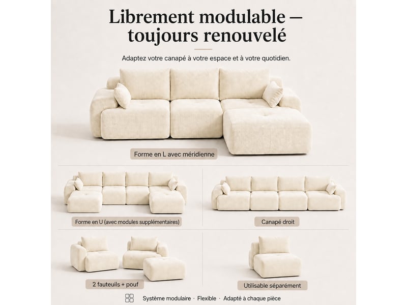  Canapé modulaire à compression, en tissu velours  - Conforama C