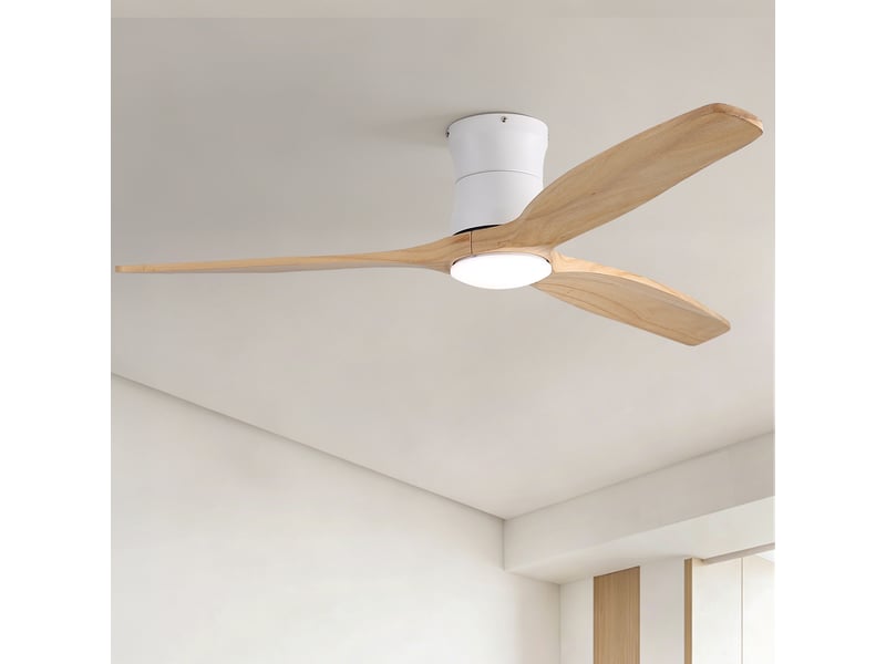  Ventilateur de plafond 132 cm avec éclairage et télécommande, luminaire de ventilateur silencieux pour chambre et salon, 3 pales en bois massif, blanc  - Conforama B