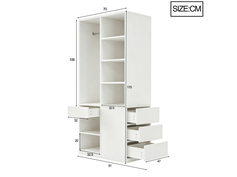 Armoire modenvie avec penderie, étagères ouvertes et tiroirs 70 x 50 x 170 cm blanc - Conforama C