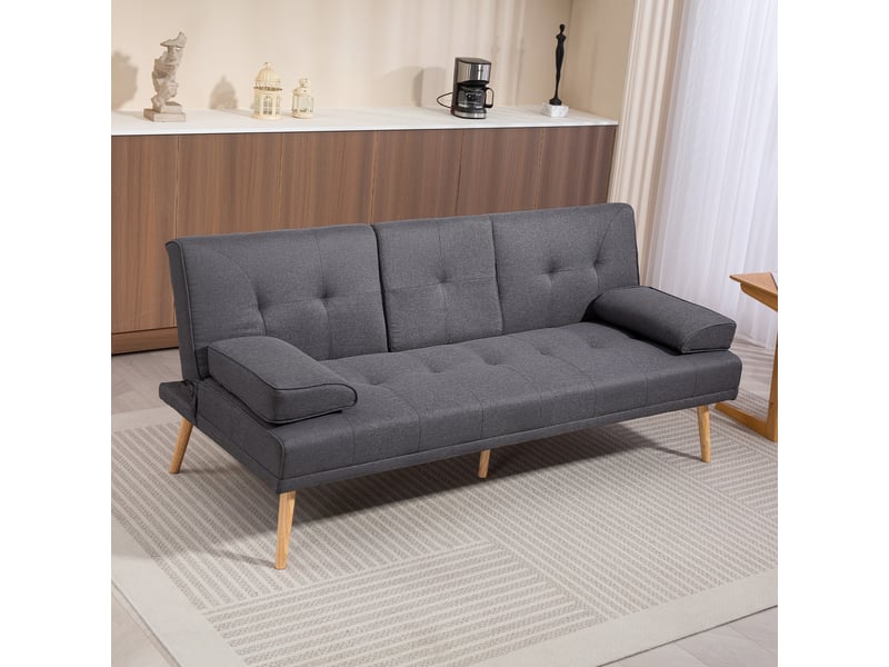 Canapé convertible 3 places, canapé-lit rembourré avec dossier réglable 3 niveaux, 2 coussins et 2 porte-gobelets intégrés, tissu de lin, pour salon, chambre d'amis, gris foncé, petit espace - Conforama D