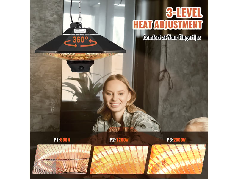 Chauffage exterieur terrasse, 2000 w, radiateur infrarouge de plafond suspendu electrique avec telecommande, protection ip34, chaine reglable, chauffage pour porche, interieur, salle a manger  - Conforama C