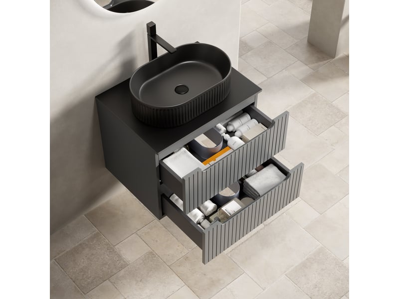  Meuble sous vasque suspendu 2 tiroirs - lpospi - fermeture douce, céramique, pierre frittée noir 60 × 46 × 62,2 cm  - Conforama C
