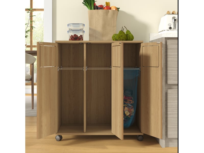  Meuble de tri des déchets 69,3x35x80 cm à roulettes en mdf avec 3 portes couleur naturel  - Conforama D