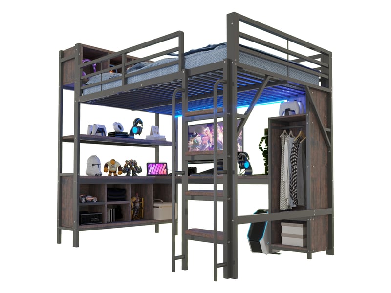 Lit mezzanine 140x200 cm avec bureau et armoire - étagères - led et prises - garde-corps haut - noir - Conforama A
