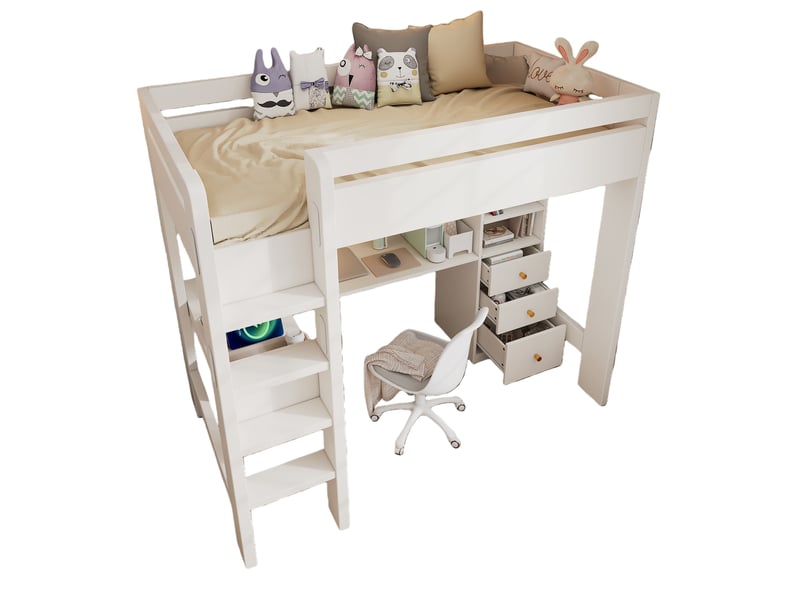  Lit mezzanine 90x200 cm - lit simple avec bureau en l, échelle et rangements intégrés, tiroirs pratiques - mdf - blanc - sans matelas  - Conforama A