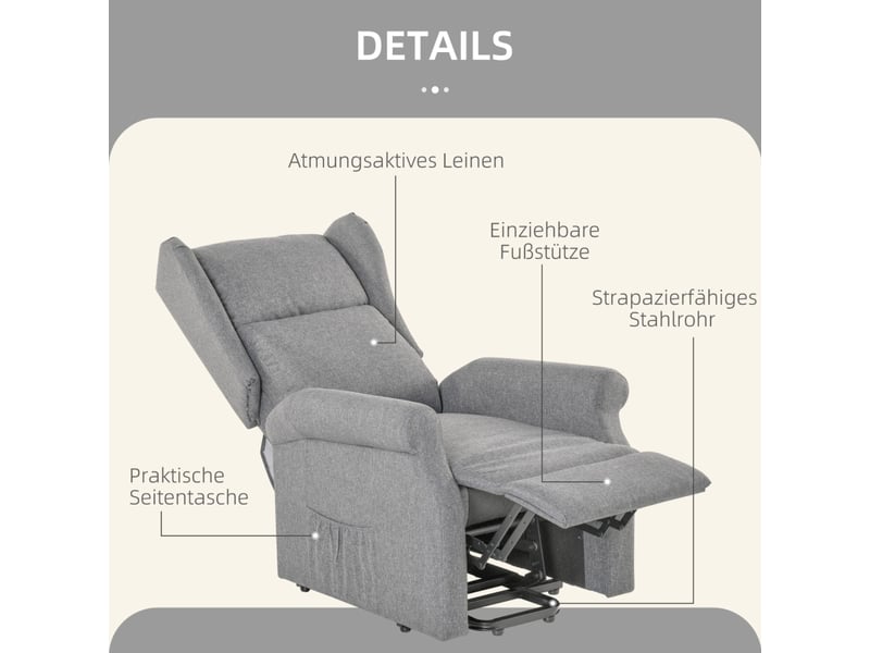  Fauteuil releveur électrique gris, grande taille jusqu'à 200 kg, inclinable à 135°, avec repose-pieds pour salon  - Conforama D