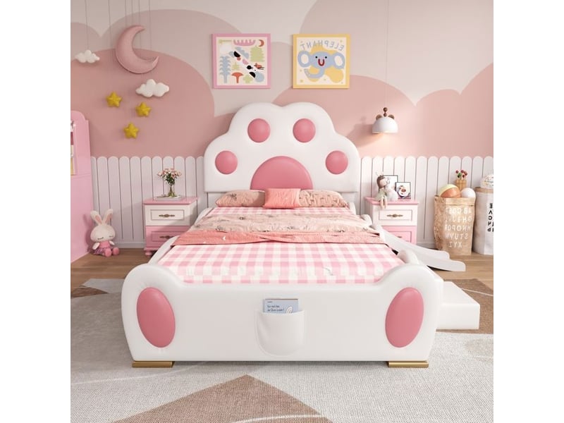  Lit enfant capitonné avec toboggan - tête de lit patte de chat - 90x200 cm - blancrose - surface en pu - échelle à deux niveaux 210x176x97cm - Conforama D