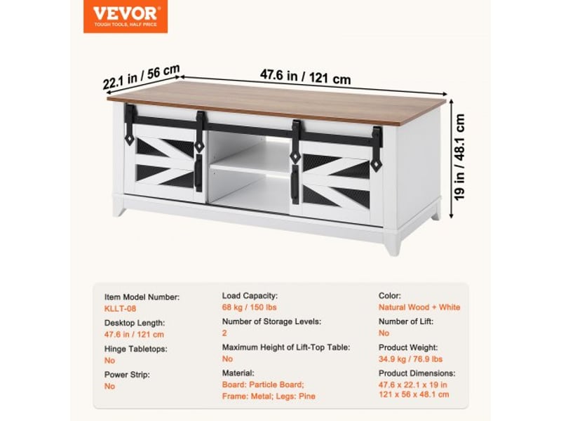  Table basse, 1210 x 560 x 481 mm, table de salon rectangulaire, 2 portes de grange coulissantes, table rustique en bois 2 niveaux, étagères amovibles, pour chambre, appartement, blanc et naturel  - Conforama D