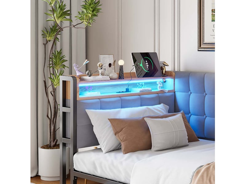  Lit enfant 90 x 200 cm, 2 tiroirs, tête led multicolore, prises usbtype-c, châssis métal, velours gris clair, sans matelas  - Conforama E