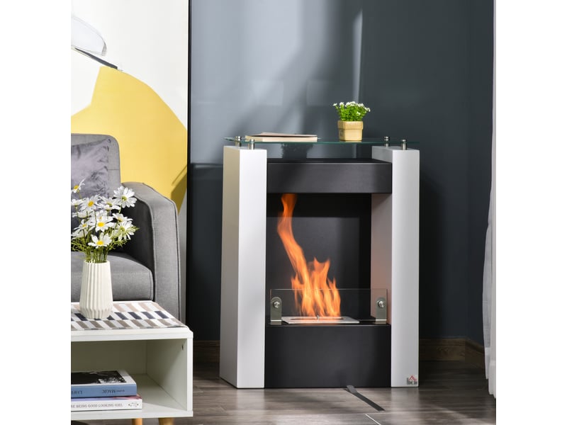  Cheminée bioéthanol brûleur 0,9 l avec plateau de rangement en verre trempé 60 x 20 x 79 cm acier noir et blanc  - Conforama B
