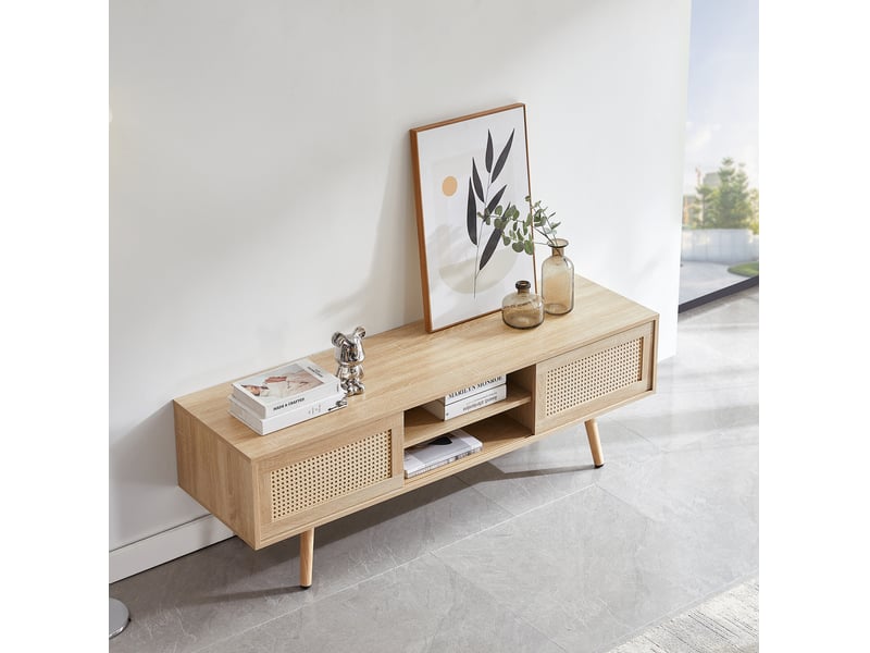  Meuble tv modenvie en mdf aspect bois naturel avec portes coulissantes en rotin 140 x 40 cm  - Conforama E