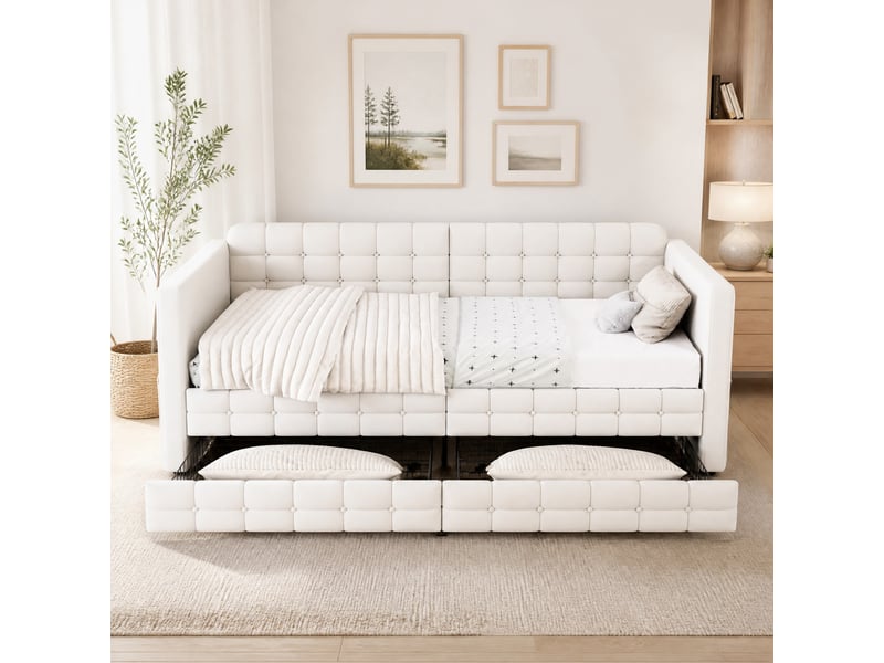  Lit banquette, 90 x 190 cm, poches de solution de rangement design classique, matelas non inclus, mdf, coloris beige  - Conforama D