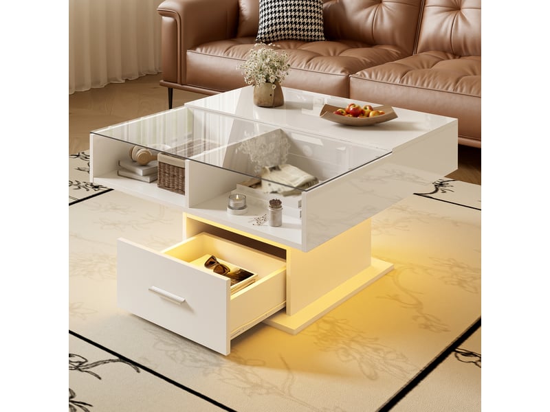  Table basse relevable multifonctionnelle avec led, hauteur réglable, rangement, blanc  - Conforama B