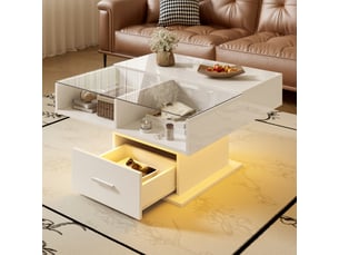 Table basse relevable multifonctionnelle avec led, hauteur réglable, rangement, blanc