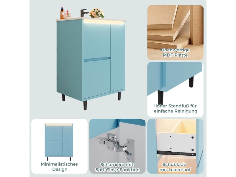  Meuble de salle de bain avec vasque céramique 2 tiroirs 1 porte bleu 61x46.5x87 cm  - Conforama E