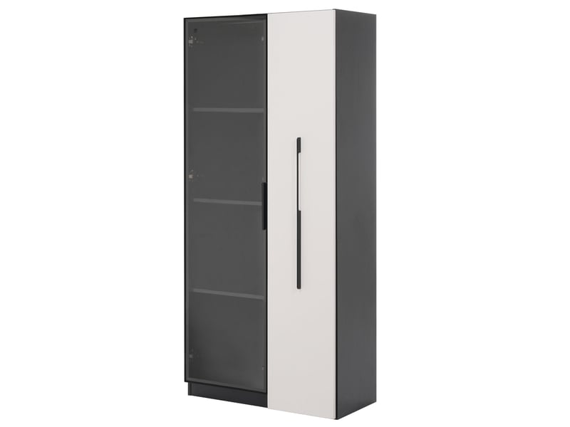  Vitrine en verre trempé et mdf, meuble de rangement avec led, bibliothèque 160 cm de haut avec tiroir latéral, noir et blanc  - Conforama W