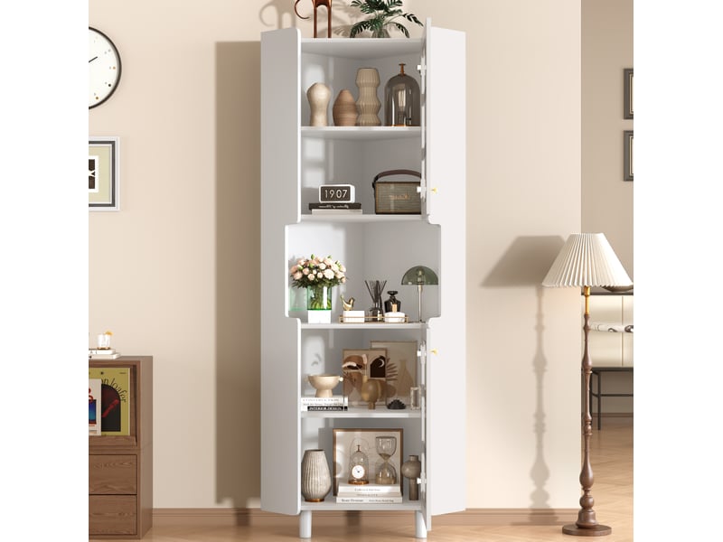 Meuble d'angle avec led 10 couleurs, 2 portes vitrées et niche ouverte pour salon, en mdf blanc, 63,5 × 157,5 cm - Conforama B