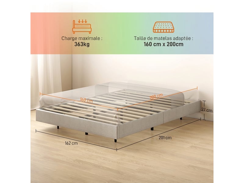  Cadre de lit flottant led 160x200cm sommier à lattes en bois intégré revêtement tissu beige  - Conforama C