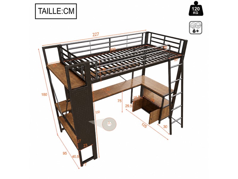  Lit mezzanine lit simple avec bureau, rangements, étagères, led et usb, 90x200 cm, sans matelas, noir  - Conforama D