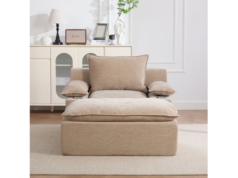  Méridienne tcqpz en chenille kaki clair 1 place avec 4 coussins porte-gobelet poche de rangement sans montage  - Conforama E