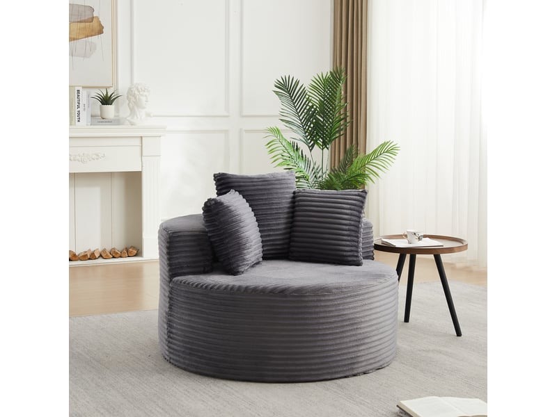  Fauteuil 1 place rond avec 3 coussins et accoudoirs larges, en velours côtelé gris 110 × 110 × 82 cm  - Conforama B