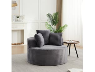 Fauteuil 1 place rond avec 3 coussins et accoudoirs larges, en velours côtelé gris 110 × 110 × 82 cm