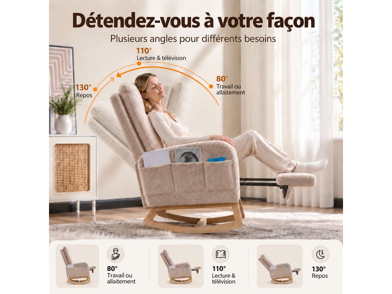  Fauteuil à bascule avec repose‑pieds, fauteuil d’allaitement en tissu teddy beige, dossier haut ergonomique, poche latérale, chaise relax pour salon, chambre et espace bébé  - Conforama C