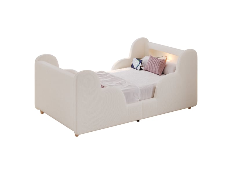 Lit simple 90x200 cm, lit enfant, barrière antichute, port usb, tissu bouclé beige, veilleuse - Conforama B