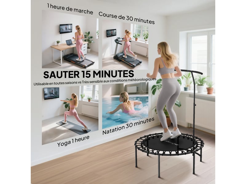 Trampoline de fitness avec cordes élastiques, poignée réglable 5 positions, capacité 100 kg, acier, ø102x132cm, noir - Conforama W