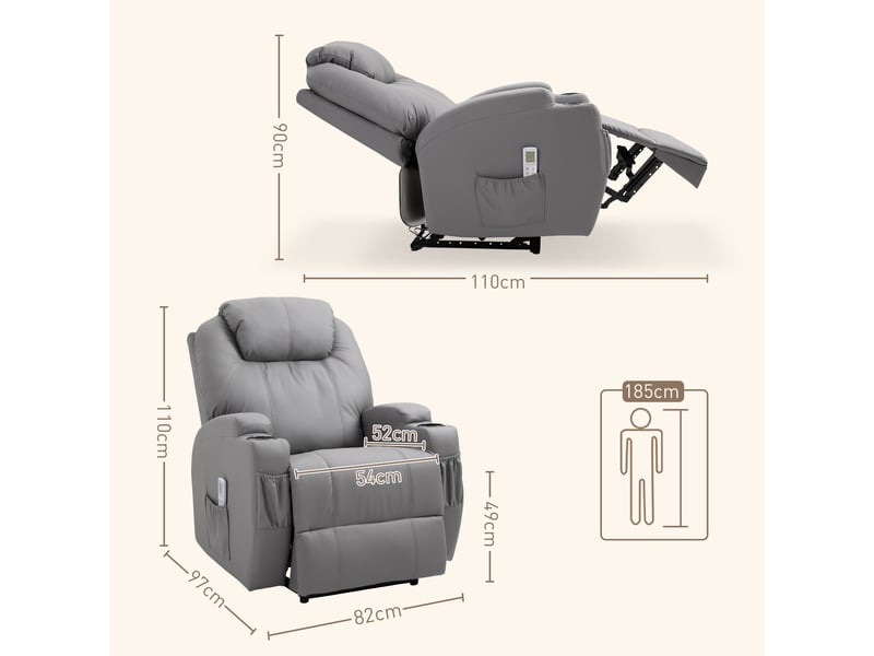  Fauteuil de massage, fauteuil de relaxation, simili cuir, 82x97x110cm, gris clair  - Conforama E