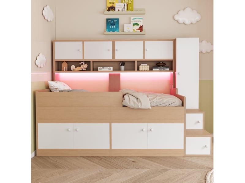  Lit enfant 90x200 cm avec rangement, armoire, led, barrière sécurité, escalier, aggloméré mdf blanc naturel  - Conforama D