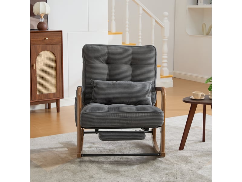  Fauteuil à bascule gris en velours côtelé avec repose-pieds intégré et dossier réglable - 70x80x92cm  - Conforama E