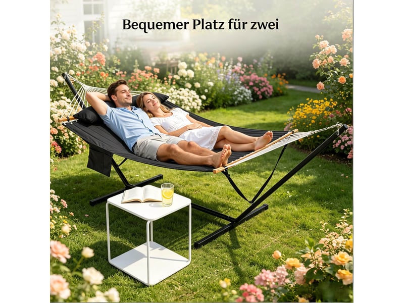  Hamac double sur pied 200x140 cm – anthracite – coussin inclus, poche latérale, suspension réglable  - Conforama D
