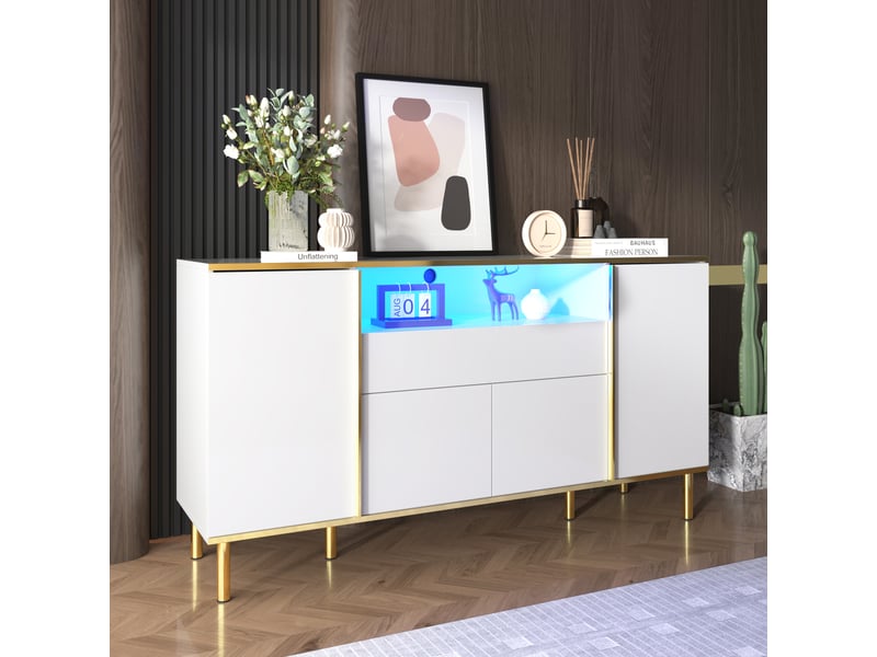  Buffet 4 portes avec led, 150x40x80 cm, blanc brillant et doré  - Conforama B