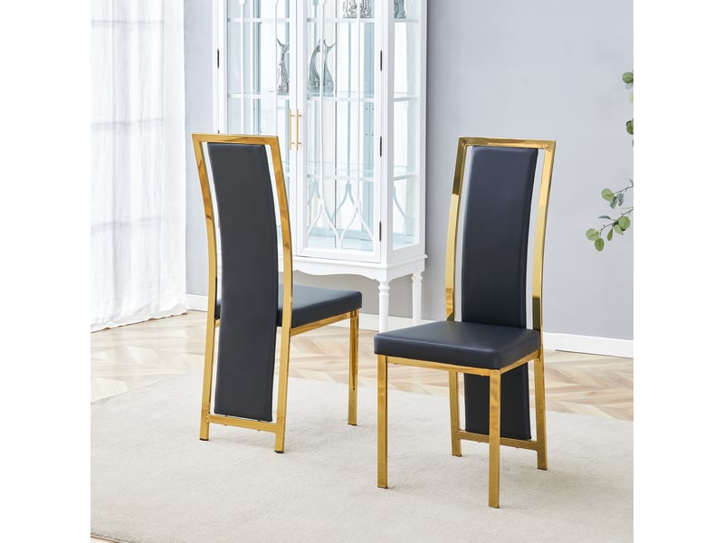  Chaises de salle à manger lot de 2 à dossier haut  - cadre métal doré, simili cuir noir, 109 cm  - Conforama B