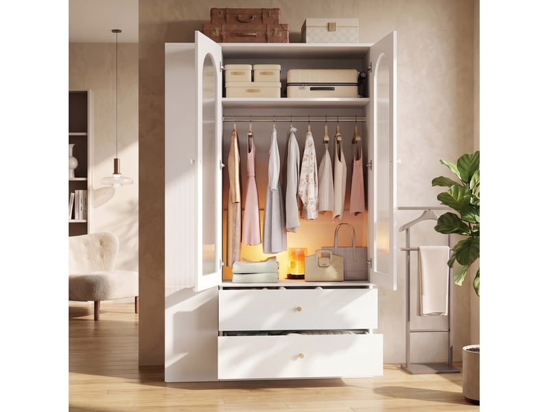  Armoire 120x50x200 cm blanche avec 2 portes vitrées, 4 tiroirs et 2 penderies  - Conforama E