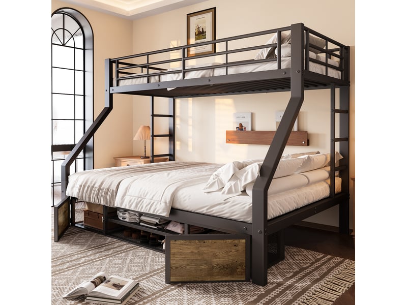Lit superposé enfant 90 x 200 et 140 x 200 cm, placard à chaussures, noir - Conforama B