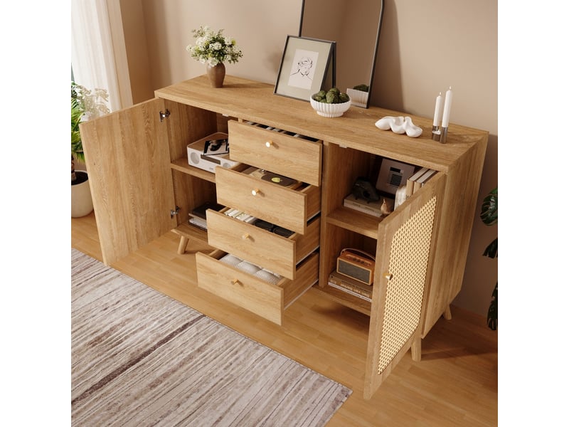  Buffet, meuble de rangement, avec 4 tiroirs et 2 portes, aspect rotin, 140 x 40 x 86 cm, pour salon, salle à manger, naturelle  - Conforama D